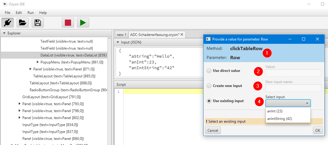 Selecting input parameters in the Oryon IDE